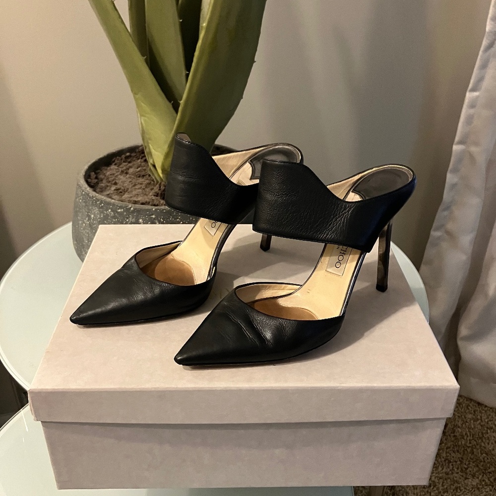 Black soft leather backless Jimmy Choo pumps
